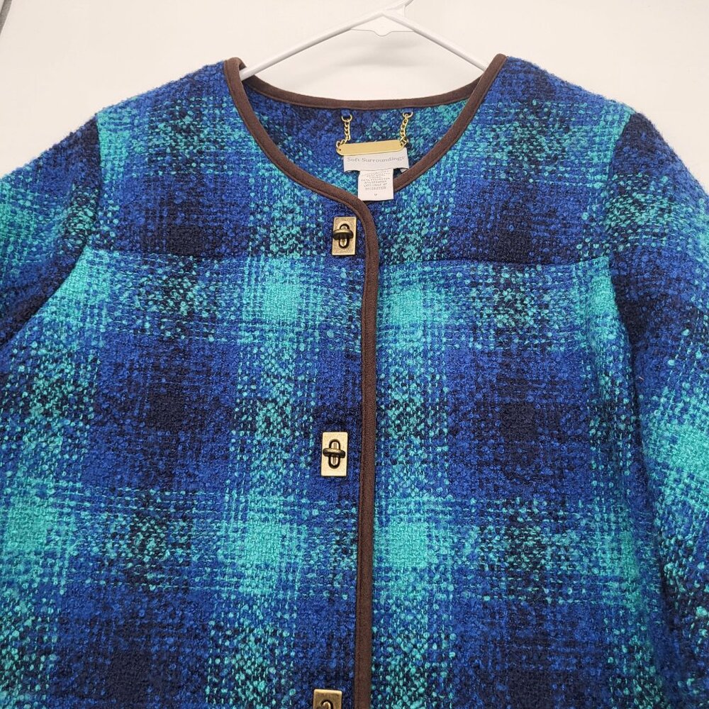 Soft Surroundings Womens M Blue Brown Tweed Plaid Coat Turn Lock Button Jacket - Picture 11 of 11